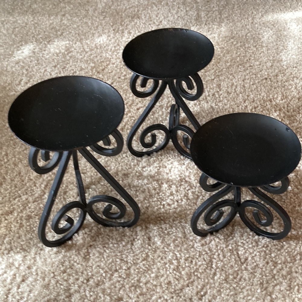 Black Cast Iron Candle Holders Set of Three; Small, Medium, Large